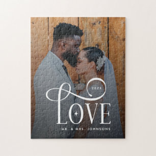 Modern Script Love Custom Newlywed Couples Photo Jigsaw Puzzle