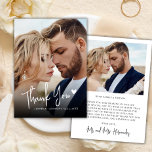 Modern Script Love Heart 2 Photo Wedding Thank You Card<br><div class="desc">Elegant and modern 2-photo wedding thank you note card featuring a full-bleed vertical photo on the front with a white handwritten “Thank You” in calligraphy script and a cute love heart motif. The back includes space for a second photo and a pre-written message. Fully customizable—add your names and note, or...</div>