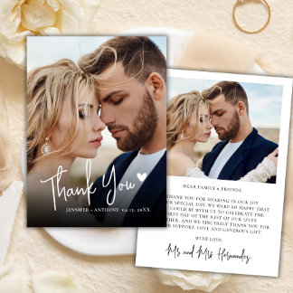 Modern Script Love Heart 2 Photo Wedding Thank You Card