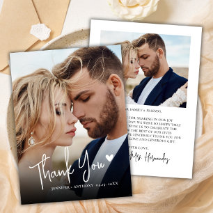 Modern Script Love Heart 2 Photo Wedding Thank You Card