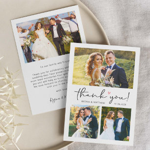 Modern Script Love Heart Wedding Photo Collage Thank You Card