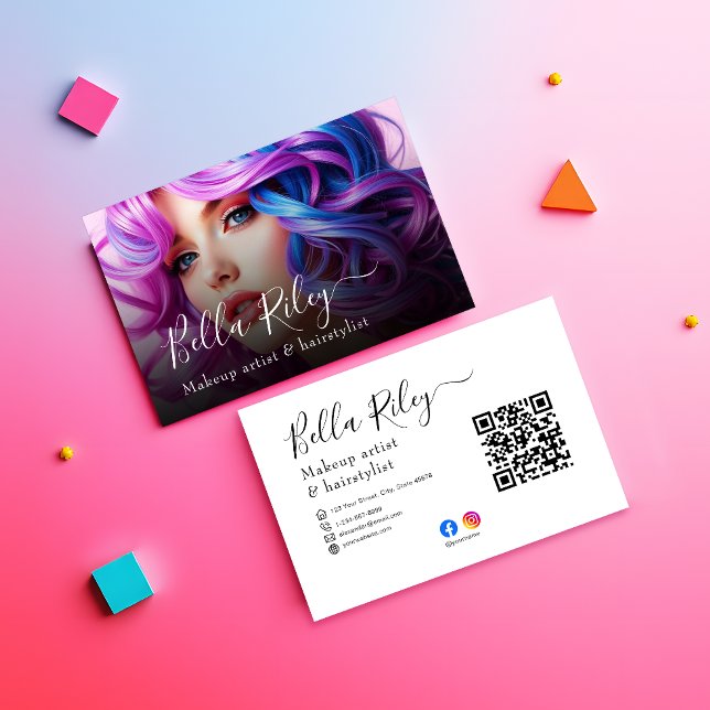 Modern Script Makeup artist & hairstylist QR Code  Business Card (Creator Uploaded)