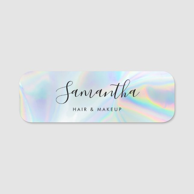 Modern Script Makeup Beautician Holographic Name Tag (Front)