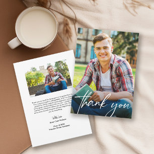 Modern Script Male Graduate Photo Graduation Thank You Card