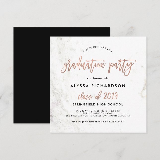 Modern Script | Marble Graduation Party Rose Gold Invitation (Front/Back)