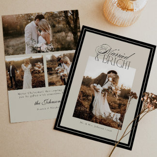 Modern Script Married & Bright Christmas 4 Photos Holiday Card