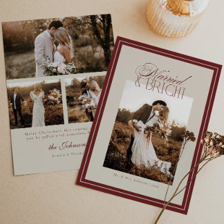Modern Script Married & Bright Christmas 4 Photos Holiday Card