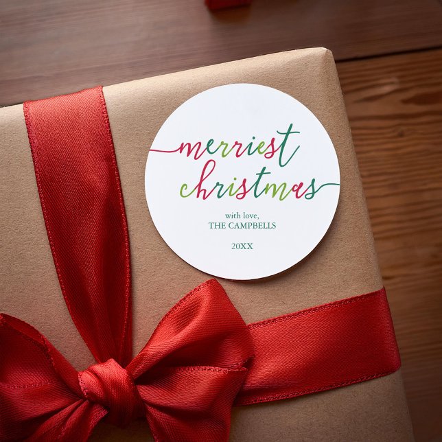 Modern Script "Merriest Christmas" Classic Round Sticker (Creator Uploaded)