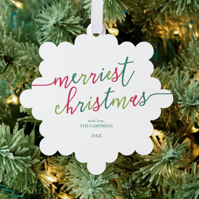 Modern Script "Merriest Christmas" Holiday Photo  Ornament Card (Insitu (Tree))