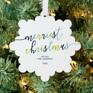 Modern Script "Merriest Christmas" Holiday Photo  Ornament Card