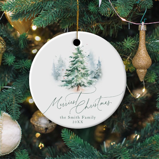 Modern Script Merriest Christmas Pine Tree Ceramic Ornament (Modern Script Merriest Christmas Pine Tree Ceramic Ornament)