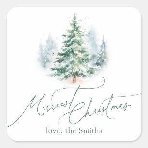 Modern Script Merriest Christmas Pine Tree Square Sticker
