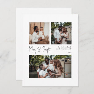 Modern Script Merry & Bright Centred Three-Photo Holiday Card