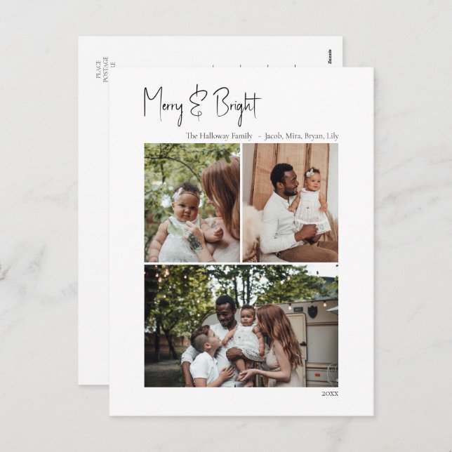 Modern Script Merry & Bright Vertical 3 Photo Holiday Postcard (Front/Back)
