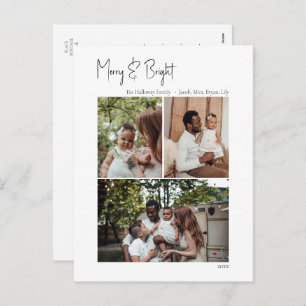 Modern Script Merry & Bright Vertical 3 Photo Holiday Postcard