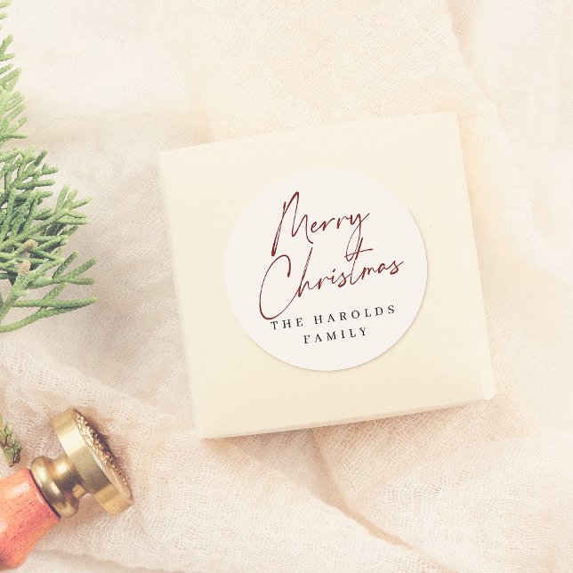 Modern Script Merry Christmas Custom Family Name Classic Round Sticker (Creator Uploaded)