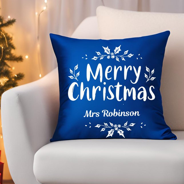 Modern Script Merry Christmas Custom Name Family Throw Pillow (Creator Uploaded)