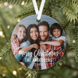 Modern Script Merry Christmas Family Photo Ornament<br><div class="desc">Stylish photo ornament design for the holidays features your favorite family image with Merry Christmas text in modern brushed script lettering. Personalize the custom text with your last name or family name and the year. A simple pattern of white winter snowflakes dresses up the back of the ornament. The slate...</div>