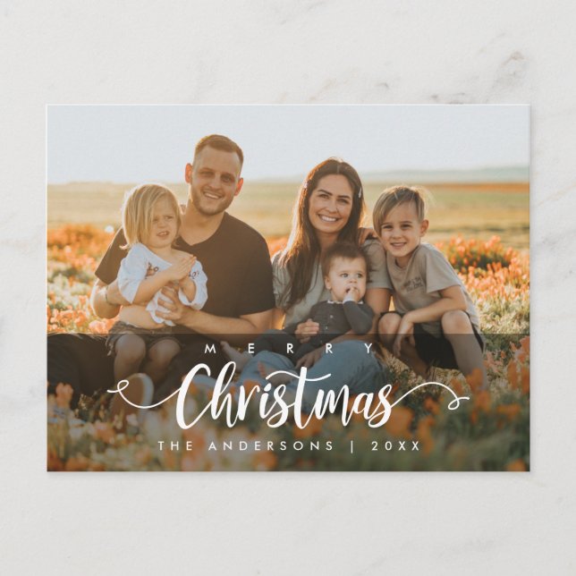 Modern Script, Merry Christmas Family Photo Postcard (Front)