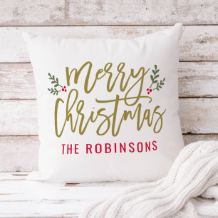 Modern Script Merry Christmas Gold Monogram Throw Pillow