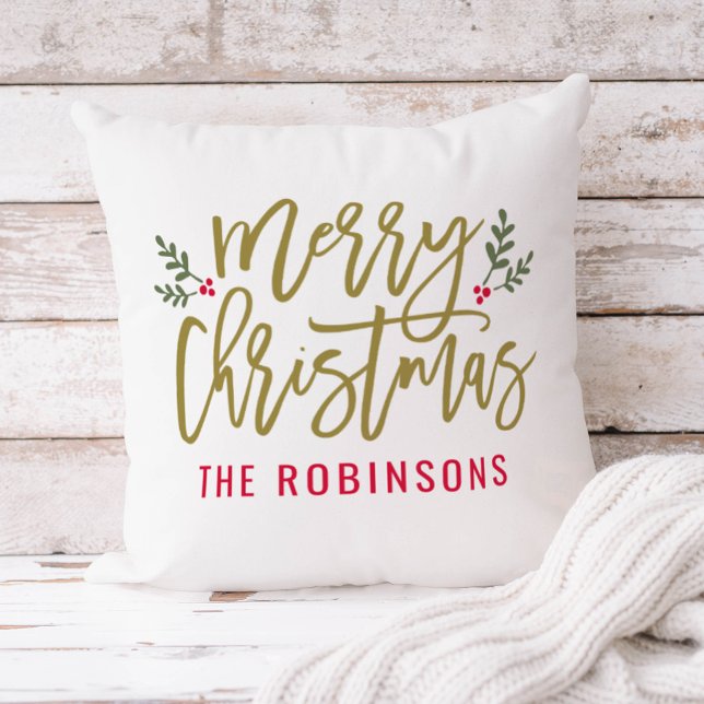 Modern Script Merry Christmas Gold Monogram Throw Pillow (Creator Uploaded)