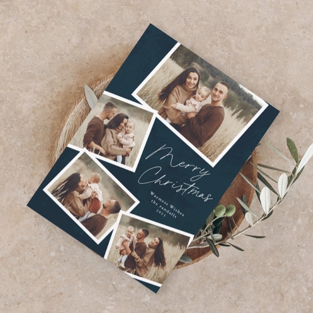 Modern Script Merry Christmas Photo Collage  Holiday Card (Modern Elegant Script 4 Photo Collage Merry Christmas Holiday Card)
