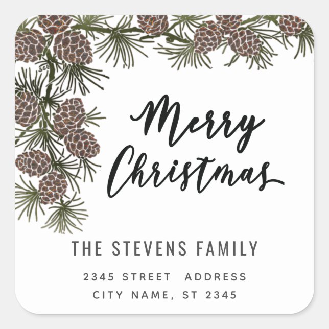 Modern script Merry Christmas pine branch Label (Front)