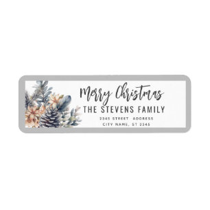 Modern script Merry Christmas pine cone floral