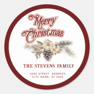 Modern script Merry Christmas pine cone floral  Classic Round Sticker