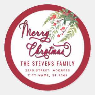 Modern script Merry Christmas red holly  Label