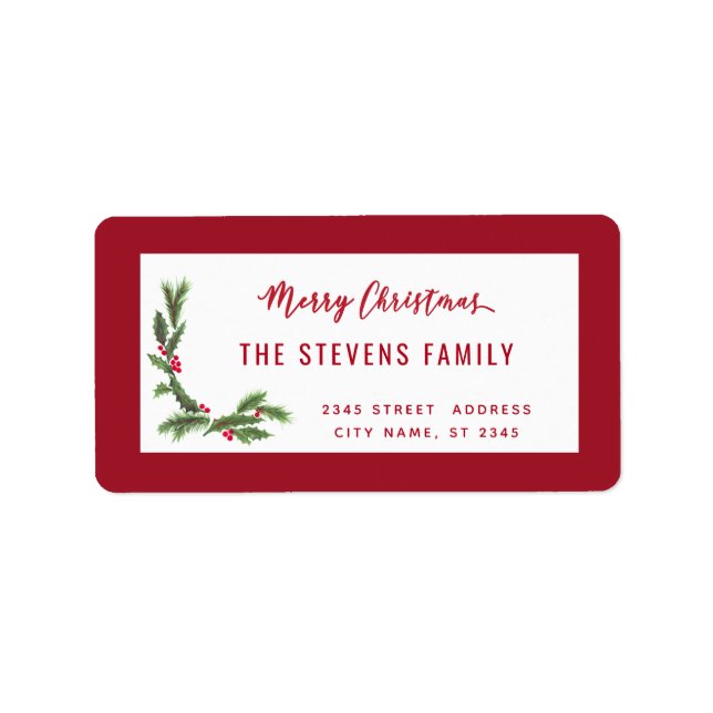 Modern script Merry Christmas red holly  Label (Front)