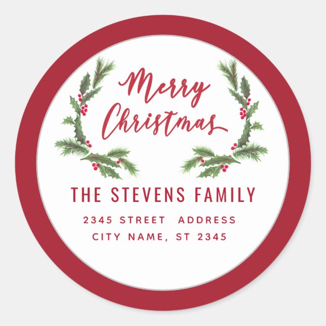 Modern script Merry Christmas red holly  Label (Front)