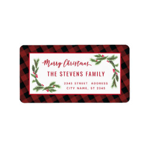  Modern script Merry Christmas red plaid holly Label