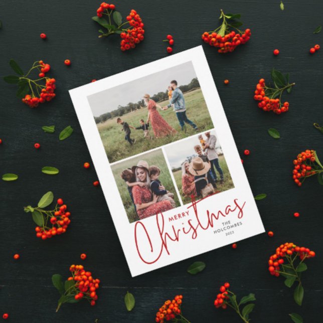 Modern Script Merry Christmas Simple 3 Photo Holiday Card (Simple script 3 photo collage merry christmas holiday card with handwritten typography.)