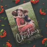 Modern Script Merry Christmas Simple Photo Holiday Card<br><div class="desc">A Modern Script Merry Christmas Simple Photo Holiday Card with handwritten font full bleed portrait photo on the front with family and individual names. The back has a second photo with a heartfelt holiday message from the family. Click the edit button to customize this design.</div>