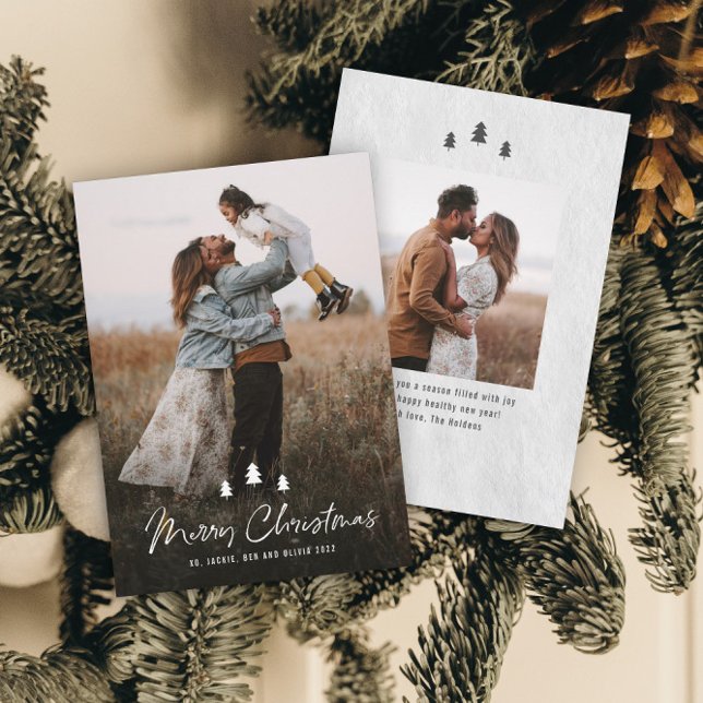 Modern Script Merry Christmas Trees 2 Photo Holiday Card (Creator Uploaded)