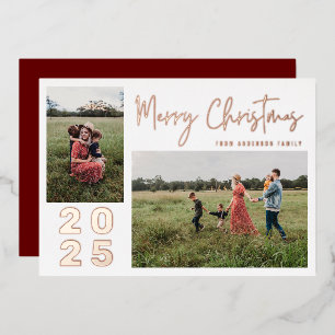 Modern Script Merry Christmas Two Family Photo Red Foil Holiday Card