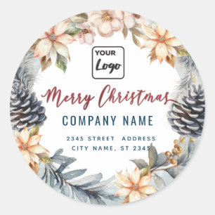 Modern script Merry Christmas wreath logo  Classic Round Sticker