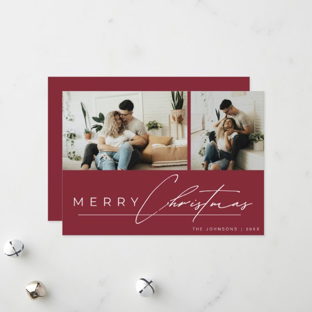 Modern Script Minimal Photo Red Merry Christmas Holiday Card (Front/Back In Situ)