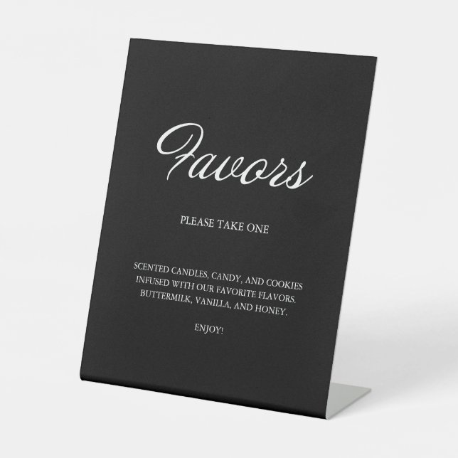 Modern Script Minimalist Favours Black Wedding Pedestal Sign (Front)