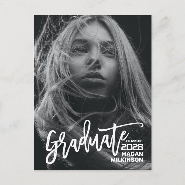 Modern Script Minimalist Full Photo Graduation Invitation Postcard (Front)