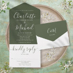 Modern Script Minimalist Olive Green Wedding All In One Invitation<br><div class="desc">All in one wedding invitation featuring a modern elegant signature script name and monogram initials on an olive green background. The invitation includes a perforated RSVP card that can be individually addressed or left blank for you to handwrite your guest's address details. Designed by Thisisnotme©</div>