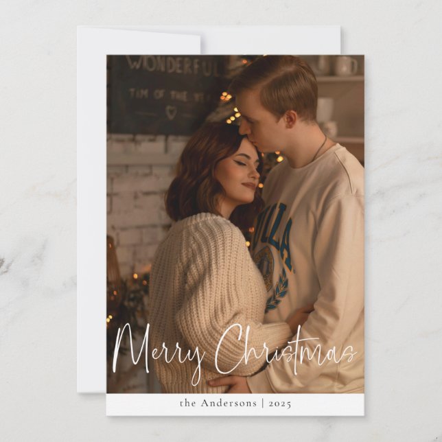 Modern Script Minimalist Photo Red Green Christmas Holiday Card (Front)