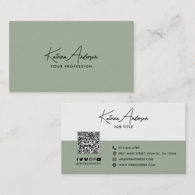 Modern Script Minimalist QR Code Social Media Business Card (Front/Back)