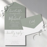 Modern Script Minimalist Sage Green Wedding All In One Invitation<br><div class="desc">All in one wedding invitation featuring elegant signature script name and monogram initials on a sage green background. The invitation includes a perforated RSVP card that’s can be individually addressed or left blank for you to handwrite your guest's address details. Designed by Thisisnotme©</div>