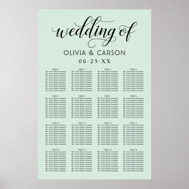 Modern Script Mint and Black Wedding Seating Poster (Front)