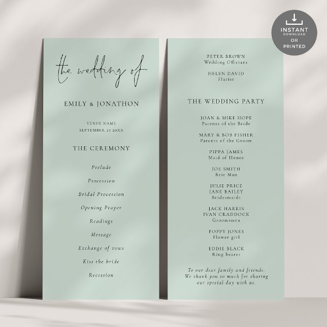 Modern Script Mint Green Wedding Program (Front and back view)