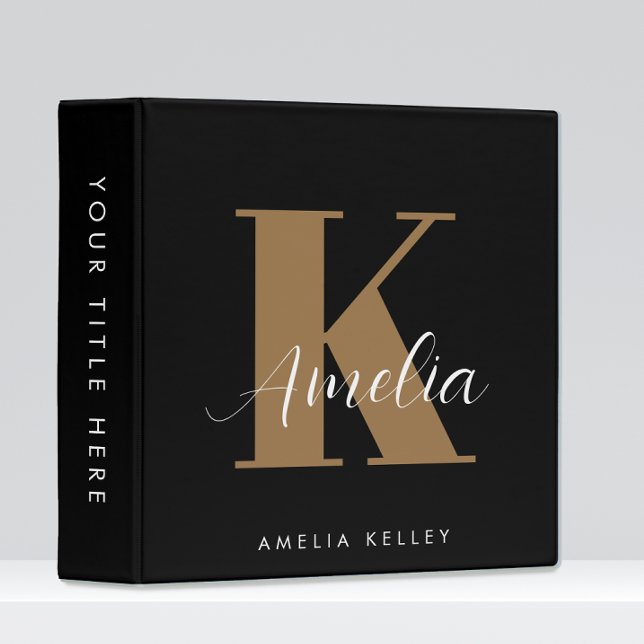 Modern Script Monogram Black Gold Binder (Creator Uploaded)
