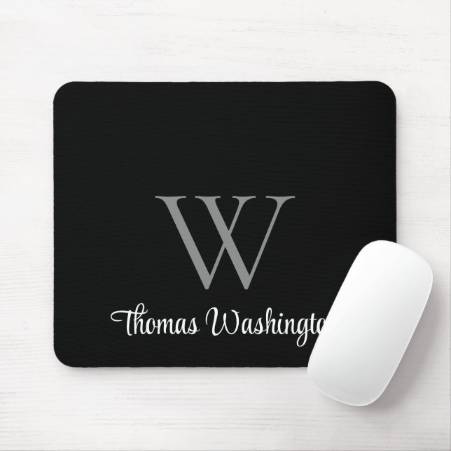 Modern Script Monogram Black Mouse Pad (With Mouse)