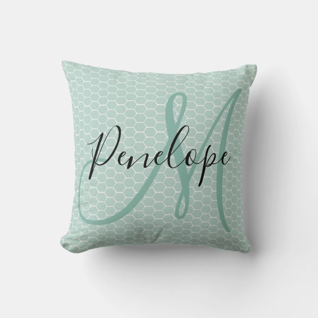 Modern Script Monogram Honeycomb Teal Throw Pillow (Front)